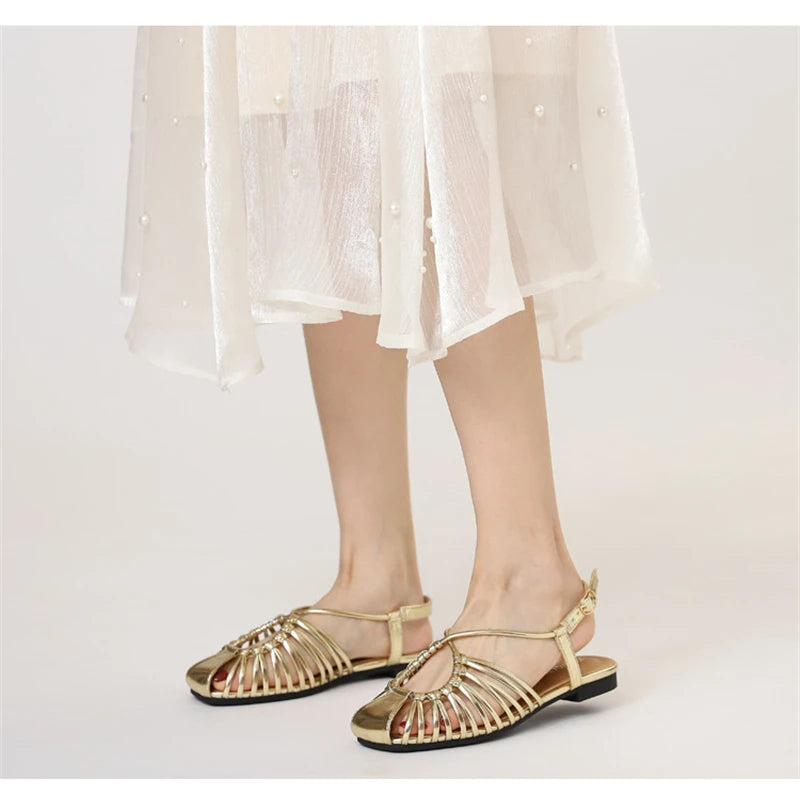 Women's Narrow Band Roman Flat Sandals — Buckle Strap Gladiator Beach Shoes