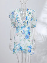 Print  Dress Women's Floral Satin Mini Dress Deep V-Neck Puff Sleeves Peplum Waistband Two-Piece Party Dresses Woman Clothes