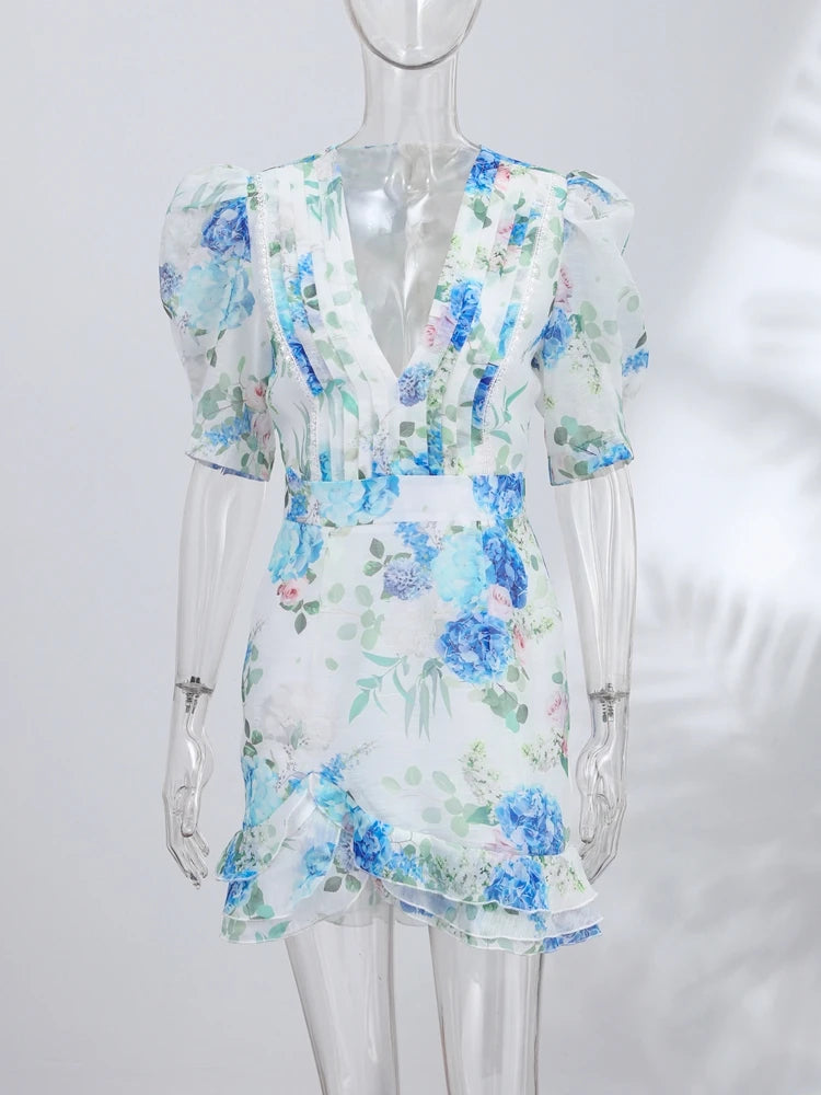Print  Dress Women's Floral Satin Mini Dress Deep V-Neck Puff Sleeves Peplum Waistband Two-Piece Party Dresses Woman Clothes