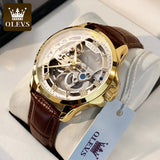 OLEVS 6661 Automatic Mechanical Man Watch Full Transparant Skeleton Flywheel Leather Strap Luxury Brand Original Mens Wristwatch