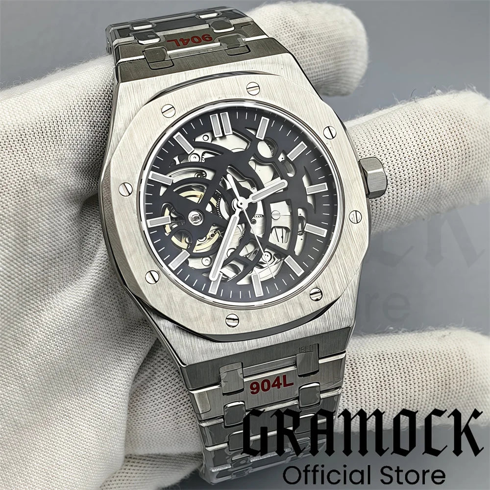 Gramock 41mm NH70 Watch Hollowed Out Dial Sapphire Crystal With Green Luminous NH70 Automatic Mechaninal Movement Waterproof