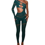 Women's Rhinestone Patchwork Hollow-Out Single Sleeve Jumpsuit