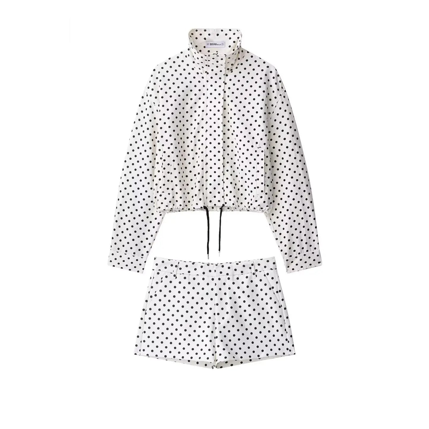 Fashion Polka Dot Shorts Sets For Women 2026 Spring Drawstring Bomber Jacket High Waist Shorts 2 Pieces Set Woman Outfits