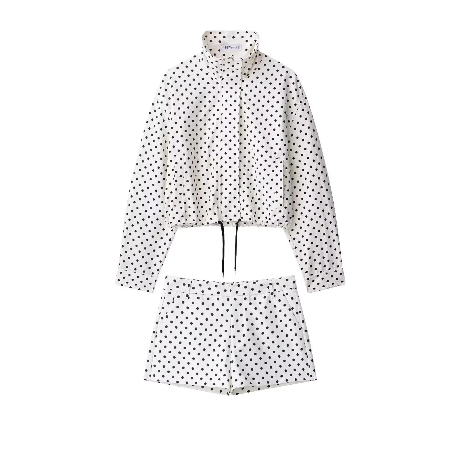 Fashion Polka Dot Shorts Sets For Women 2026 Spring Drawstring Bomber Jacket High Waist Shorts 2 Pieces Set Woman Outfits