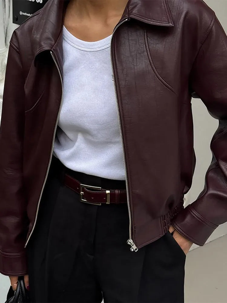 Women's Wine Red Pu Leather Short Jacket Fashion Autumn Lapel Collar Zipper High Street Loose Overcoats Ladies Button Outerwears