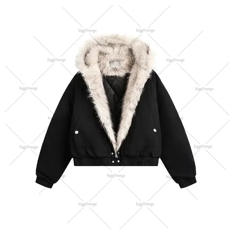 Y2K American Black Retro Wool Collar Thickened Cotton Jacket Men And Women Fashion Punk Vintage Streetwear Loose Casual Jackets
