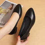 2025 New Arrival Women's Low-Heel Pumps Black Genuine Leather Formal Shoes Slip-On Commuter Comfortable Mid-Heel