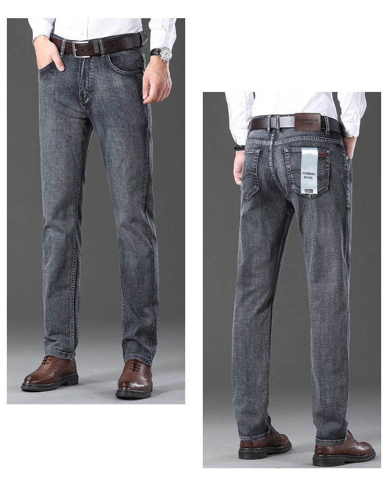 OUSSYU Brand Classic Retro Blue Men's Jeans Denim Pants Work Streetwear Straight Stretch Business Autumn Winter Cotton Trousers