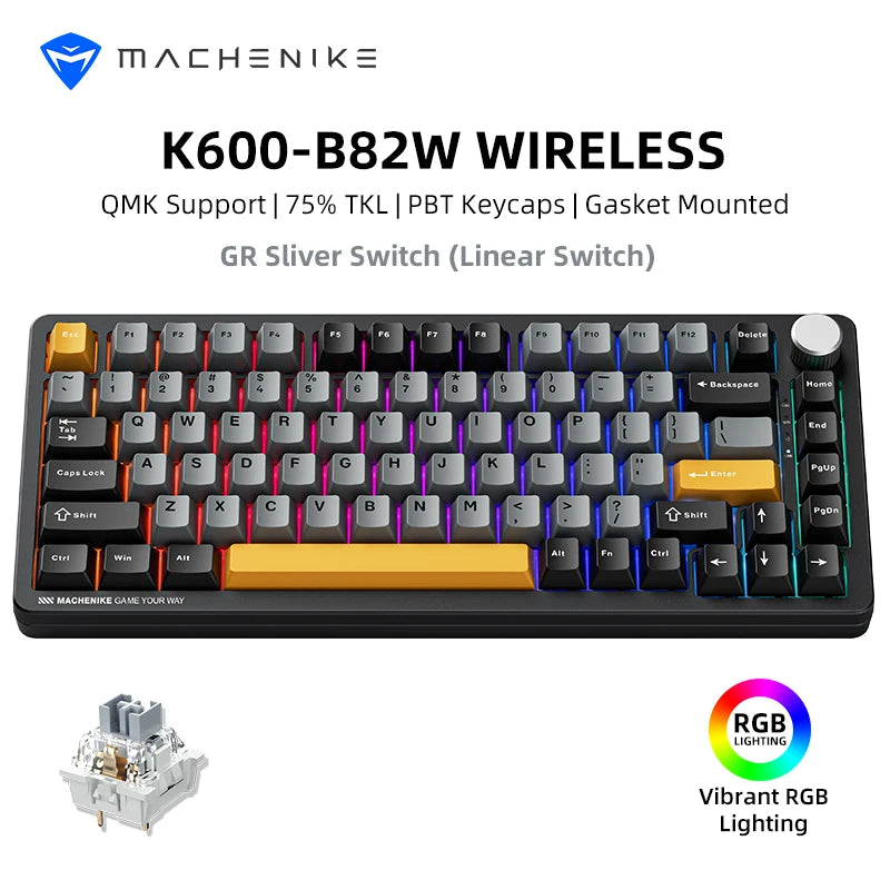 Machenike K600-B82W Mechanical Keyboard Tri-Modes Gasket Mounted 75% ANSI Layout  RGB Backlit Wireless Gaming Keyboard