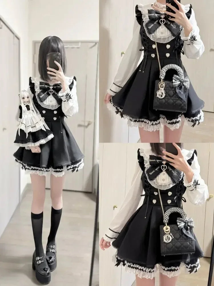 Japanese Y2K Aesthetics Vintage Bow Dress Shorts Set Women Gothic Lolita Style Long Sleeve Shirt Dress Elegant Party Dress Suits