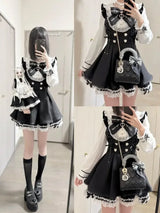 Japanese Y2K Aesthetics Vintage Bow Dress Shorts Set Women Gothic Lolita Style Long Sleeve Shirt Dress Elegant Party Dress Suits