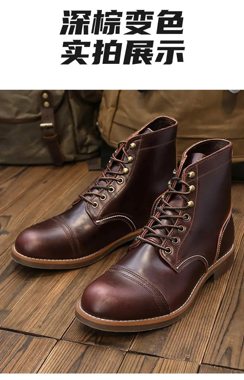 KOWM Hiking shoes men's walking boots British cowhide high top motorcycle boots ankle casual sneakers trekking shoes thick soled