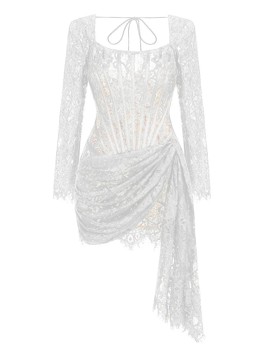 Strapless Lace Mini Dress – Elegant Sheer Patchwork Slim Fit Evening Dress