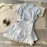 Summer Sweet Preppy Style 2 Piece Sets Women Y2k Kawaii Lolita Design Tops + High Waist Chic Skirt Female Princess Retro Outfits