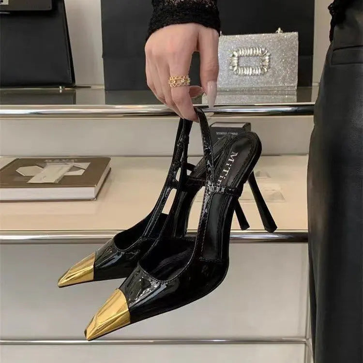 Women's High-heeled Sandals Summer New Metal square Head Patent Leather Black Stiletto Pumps Sexy Party SlingBack Shoes