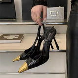 Women's High-heeled Sandals Summer New Metal square Head Patent Leather Black Stiletto Pumps Sexy Party SlingBack Shoes
