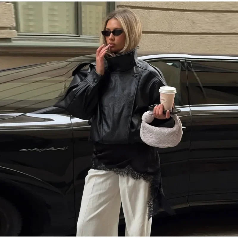 2026 Autumn Women's Faux Leather Jacket Brown Black Long Sleeve Stand Collar Thick Loose Lady Coat Fashion Motorcycle Streetwear