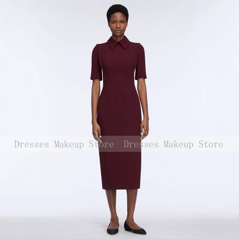 Customized Pink Cocktail Dress Short Sleeves Point Collar Modern Party Gowns Midi Tea Length Simple Women's Formal Dresses 2026