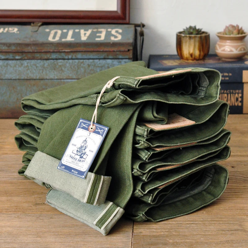 Saucezhan Men Jeans Vulcanization Olive Green 107 Selvedge Denim Jeans Men washed  Slim Fit 14 Oz  Zipper Fly