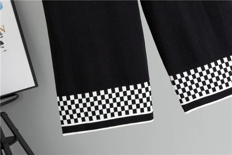 Women's Plaid Knit 2-Piece Set: Button-Down Cardigan & High-Waist Wide Leg Pants