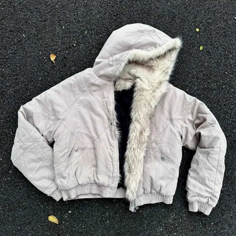 Y2K American Black Retro Wool Collar Thickened Cotton Jacket Men And Women Fashion Punk Vintage Streetwear Loose Casual Jackets