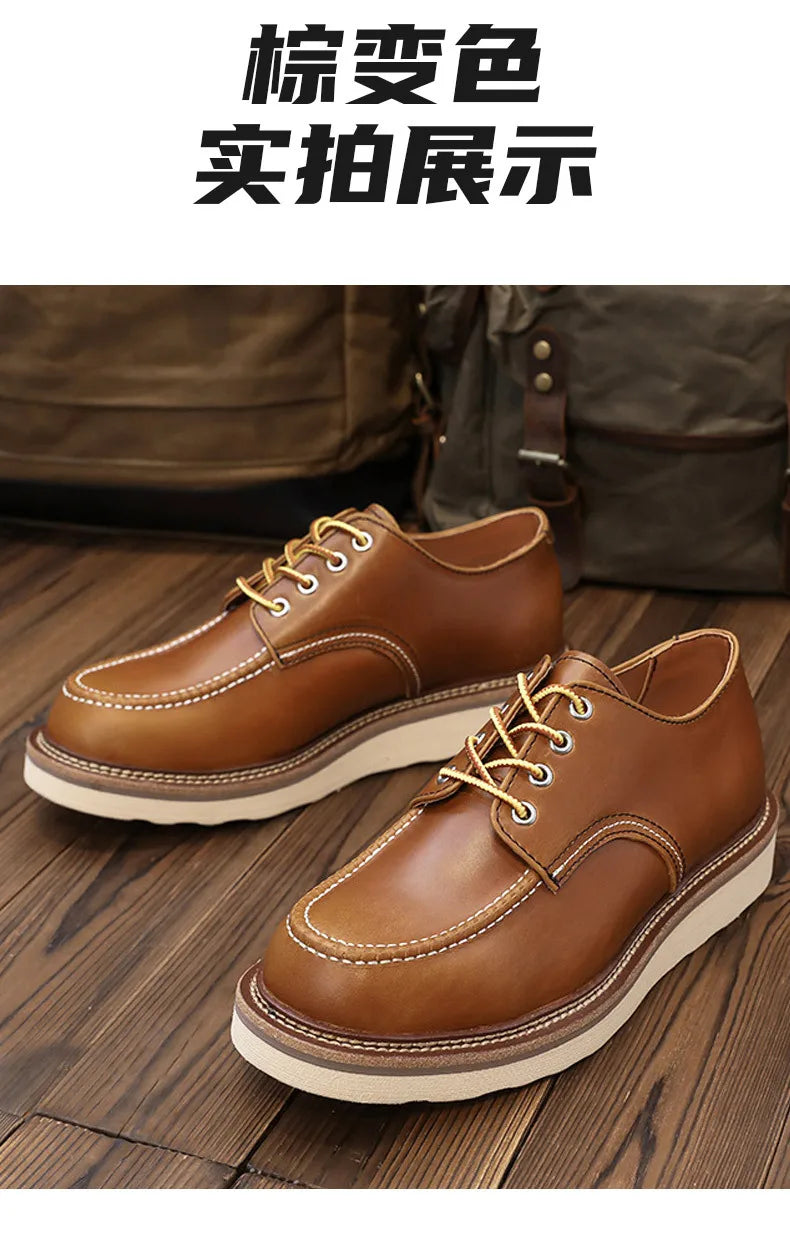 KOWM cow leather Hiking shoes Brown trekkin boots men  low cut workwear big toe shoes trendy casual ankle shoes walking sneakers