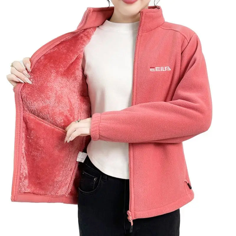 Women's Fleece Zip-Up Jacket with Embroidered Stand Collar