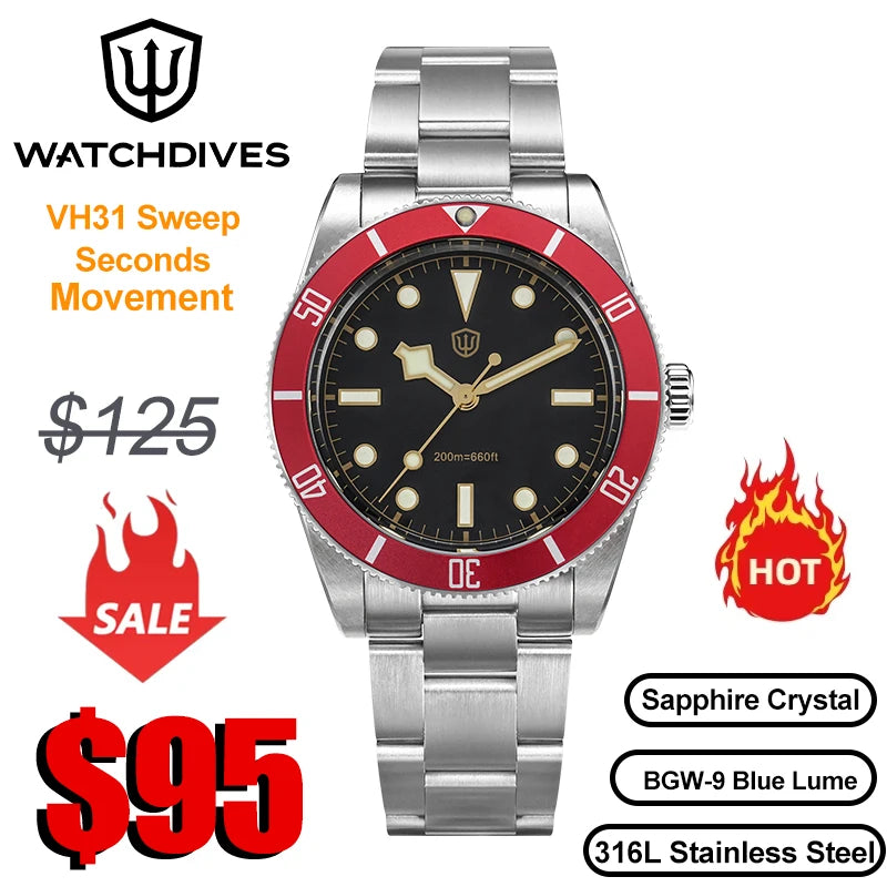 Watchdives WD7922 V2 BB54 Watch VH31 Sweep Second Movement Sapphire Crystal 20bar Waterproof C3 Luminous 37mm Vintage Watches