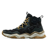 Black and brown hiking boot with gold laces on a white background, featuring the RAX brand logo.
