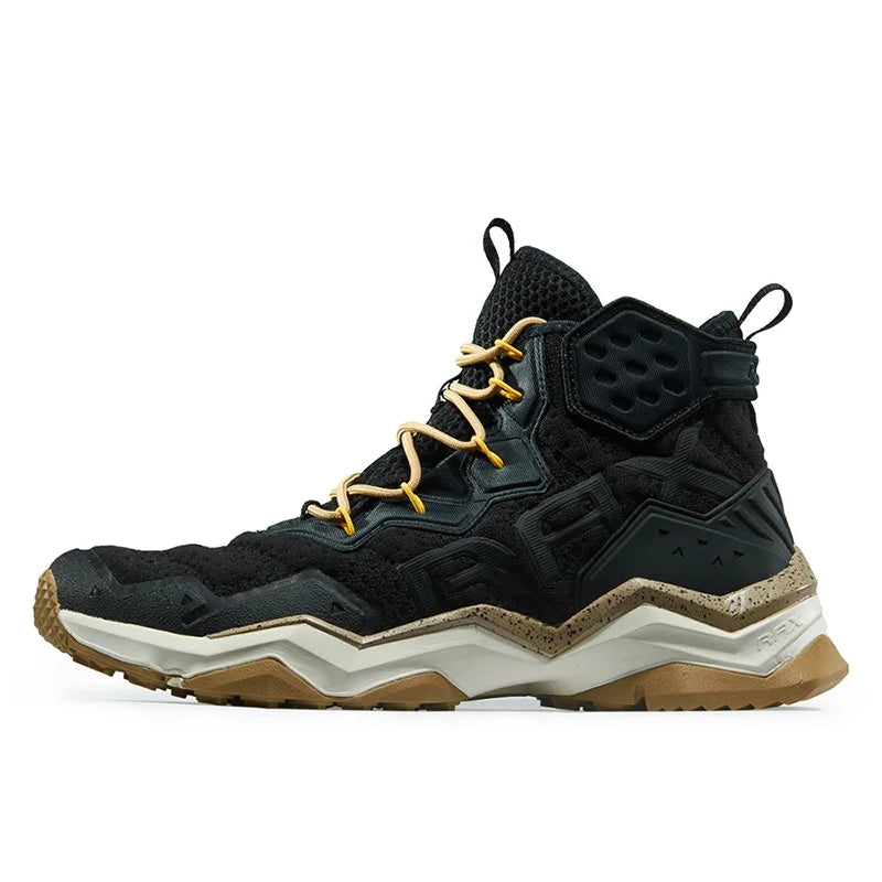 Black and brown hiking boot with gold laces on a white background, featuring the RAX brand logo.