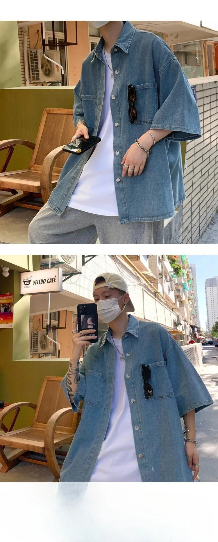 Men's Loose Fit Short Sleeve Denim Shirt Thin Summer Fashion Hong Kong Style Seven Sleeve Outerwear Trendy Casual Shirt
