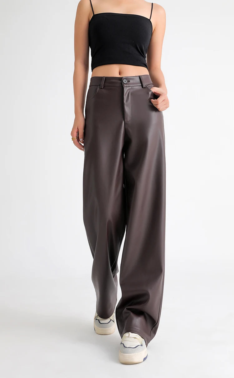 Women's High Waist Faux Leather Wide Leg Fleece Pants