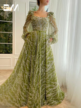 Glitter A-Line Evening Gown | Square Neck & Pearl Lace