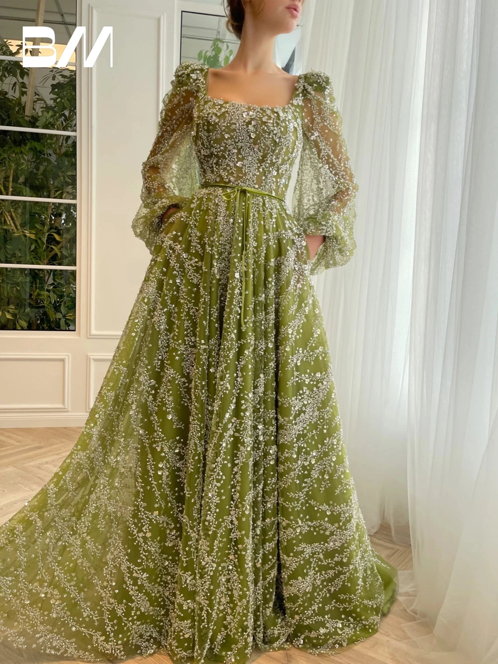 Glitter A-Line Evening Gown | Square Neck & Pearl Lace