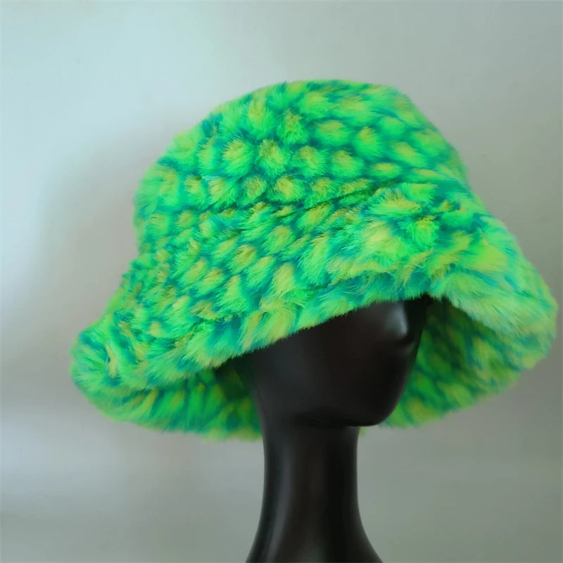 1pcs Winter Faux Fur Bucket Hat Warm Fluffy Plush colorful soft Winter hat Personality fur Fisherman Hats for women Plush hat겨