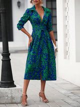 Elegant Print Belted Midi Dress