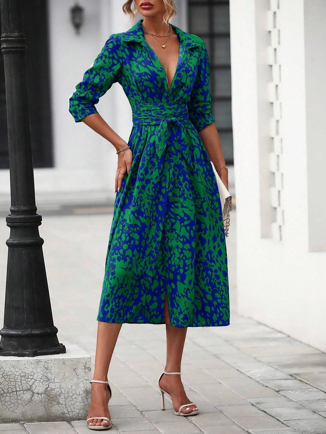 Elegant Print Belted Midi Dress