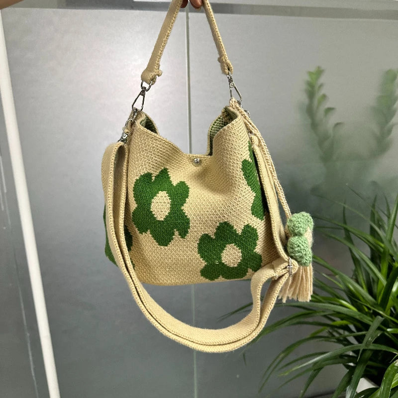Handmade Crochet Bag Flower Tote Knit Floral Purse Bag, Boho Woven Beach Handbags Crossbody Shoulder Bag for Women Vacation