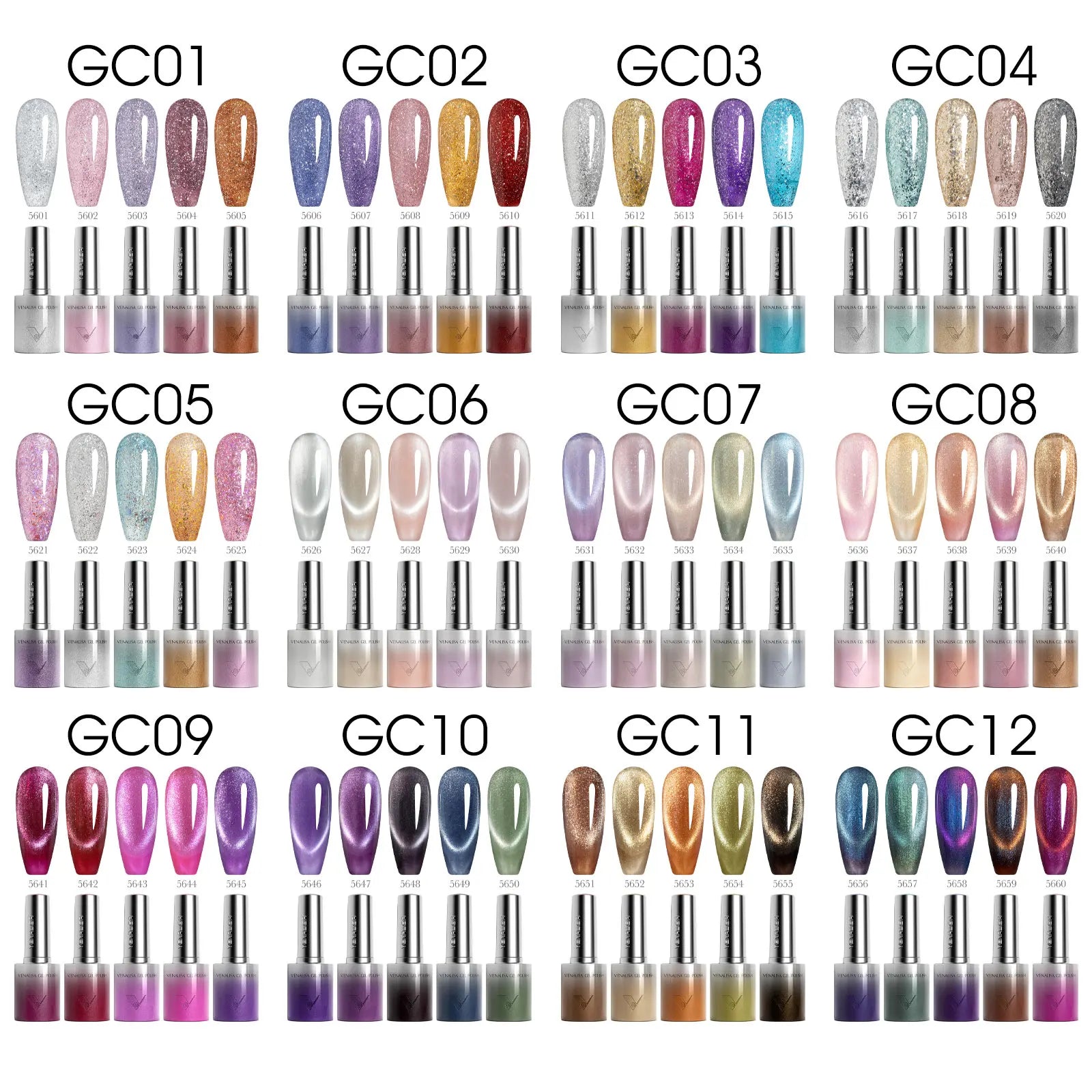5pcs Venalisa Hema/TPO Free Cat Eye Nail Gel Polish Color Palette Kit Ultra Glitter Diamond Sparkle Soak Off UV LED Varnish Set