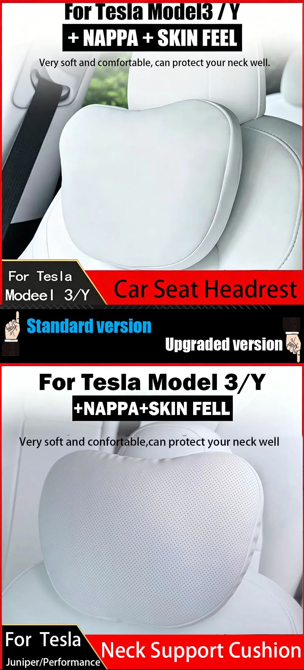 OULEX For Tesla Model 3 Y/Juniper Flocking/Leather Car Seat Neck Pillow Soft Memory Neck Pillow High-Quality Headrest Support