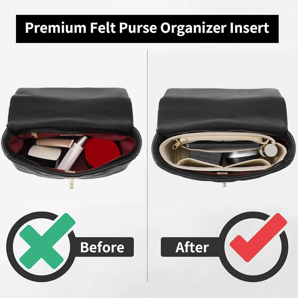 Felt Purse Organizer Insert with Zipper – Inner Liner Pouch for Shoulder Bags, Handbags & Totes, Women Storage Bag, 3 Size