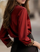 Women's Long-Sleeve Leopard Trim Loose-Fit Button-Down Blouse