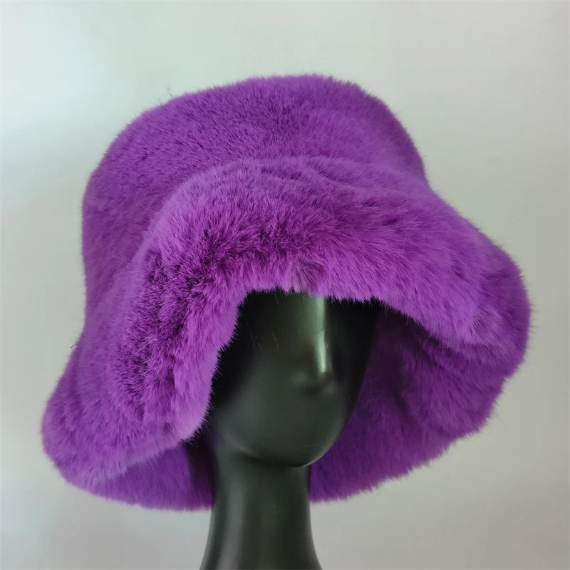 1pcs Winter Faux Fur Bucket Hat Warm Fluffy Plush colorful soft Winter hat Personality fur Fisherman Hats for women Plush hat겨