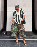 Women's Camo Wide-Leg Streetwear Trousers - High-Waist Vintage Cargo Capris