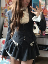 Harajuku Gothic Retro Chic Outfit Women Bubble Sleeve Shirt + Slim Vest + Short Cake Skirt New Vintage Fashion 3 Piece Suit 2025