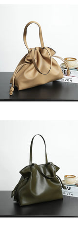2025 High-End Women's Bucket Bag Lady Unique Drawstring Pleated Shoulder Bag Soft Split Cowhide Leather Cloud Tote Handbag New
