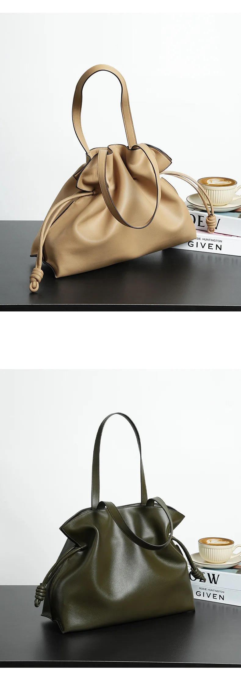 2025 High-End Women's Bucket Bag Lady Unique Drawstring Pleated Shoulder Bag Soft Split Cowhide Leather Cloud Tote Handbag New
