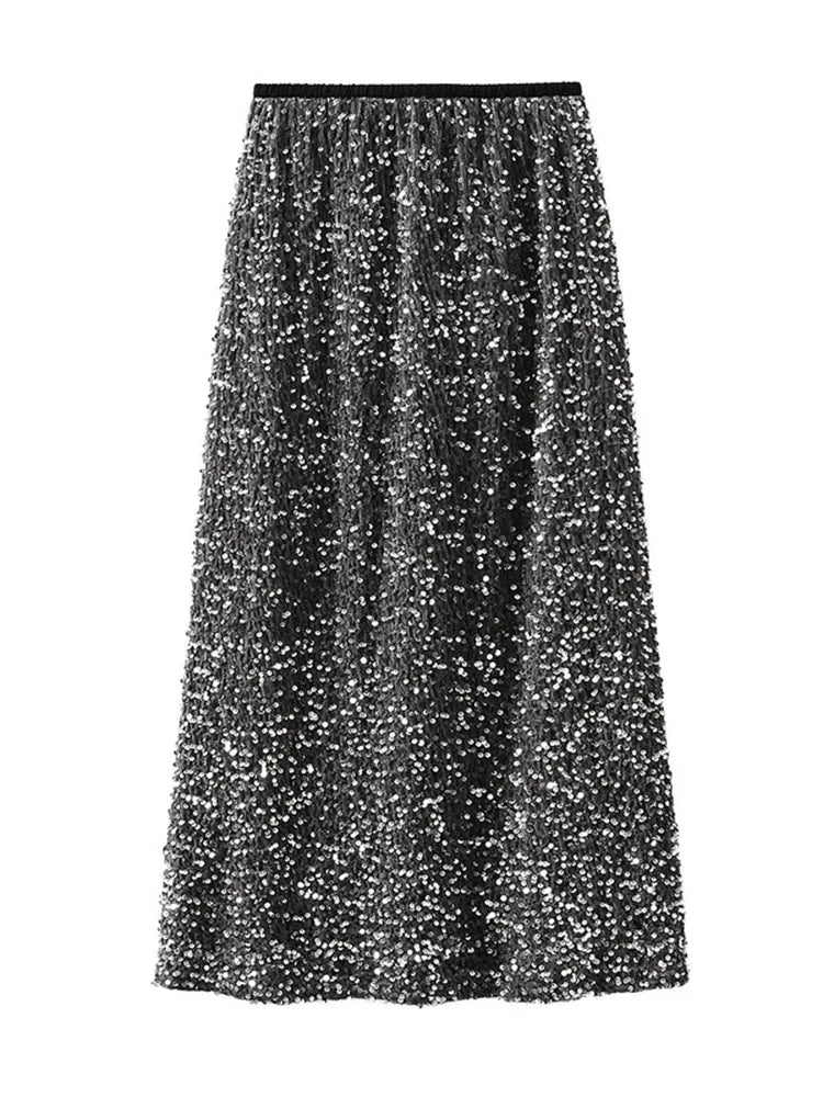 High Waisted Sequin Maxi Skirt Women Elegant Shiny Straight Skirts With Slit Summer Spring Black Long Sequin Skirt For Women