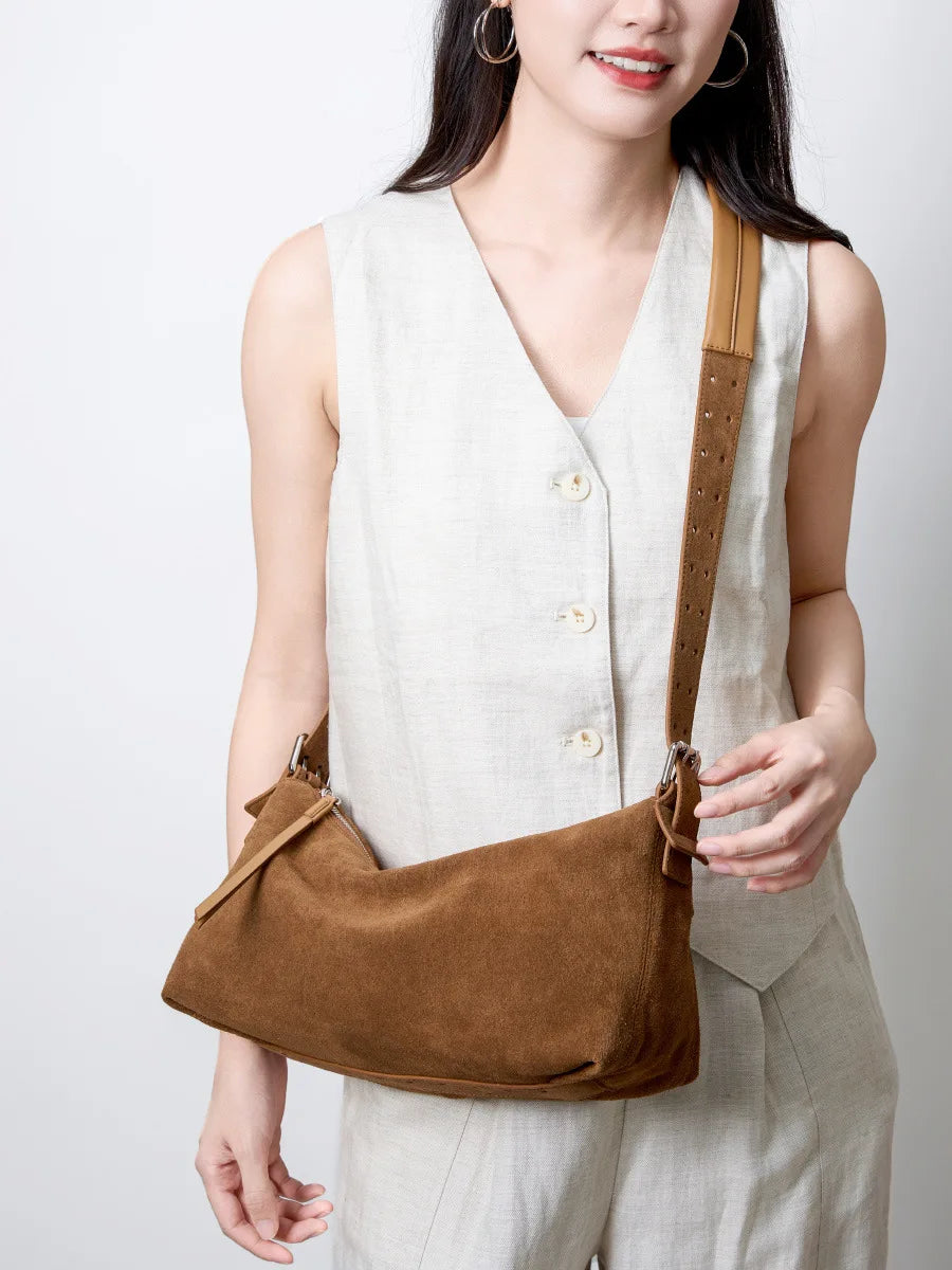 Women's Handbag New Suede Top Grain Leather Crossbody Bag Korean Style Wide Strap Shoulder Handheld Women Light Luxury Versatile