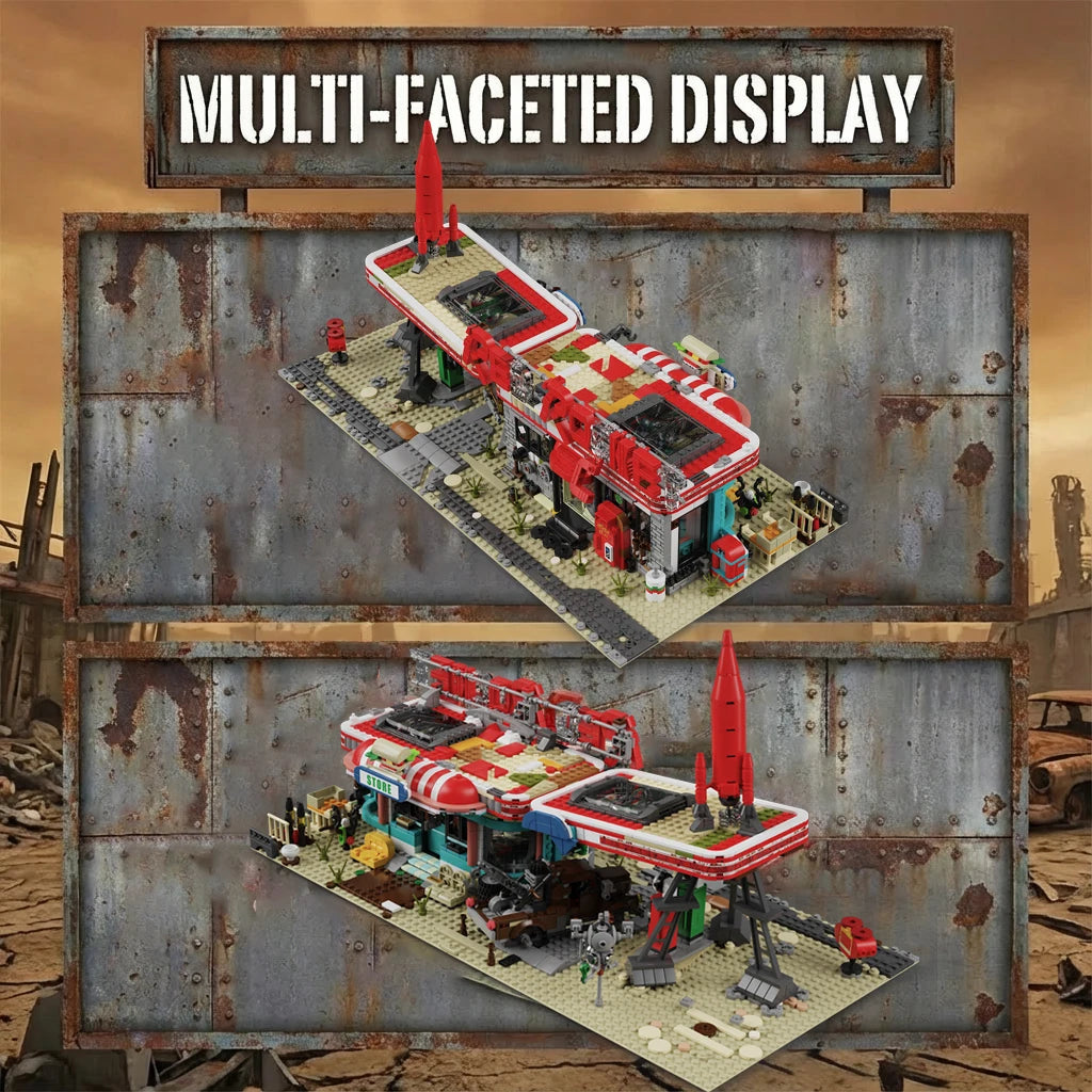 Movie Game Red Abandoned Gas Station Architecture Doomsday House Modular Building Blocks Model Kit Adult DIY Gift 2221PCS